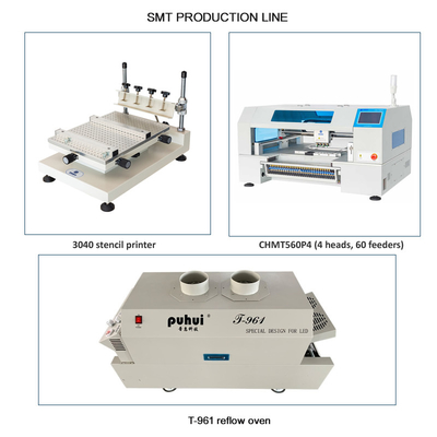 Маленькая линия SMT 60 питателей 4 головы CHMT560P4 SMT P&P Machine / Reflow Oven T961 / Solder Paste Printer 3040